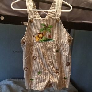 Striped Kids Overalls with Embroidered Animals